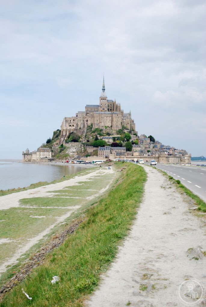 Mont Saint-Michel island abbey Normandy tidal causeway aerial view UNESCO World Heritage
