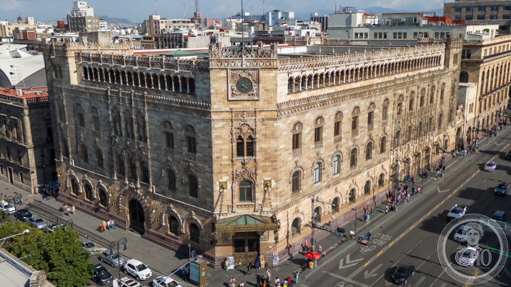 Palacio de Correos de México Venetian Gothic façade aerial view on Eje Central Mexico City