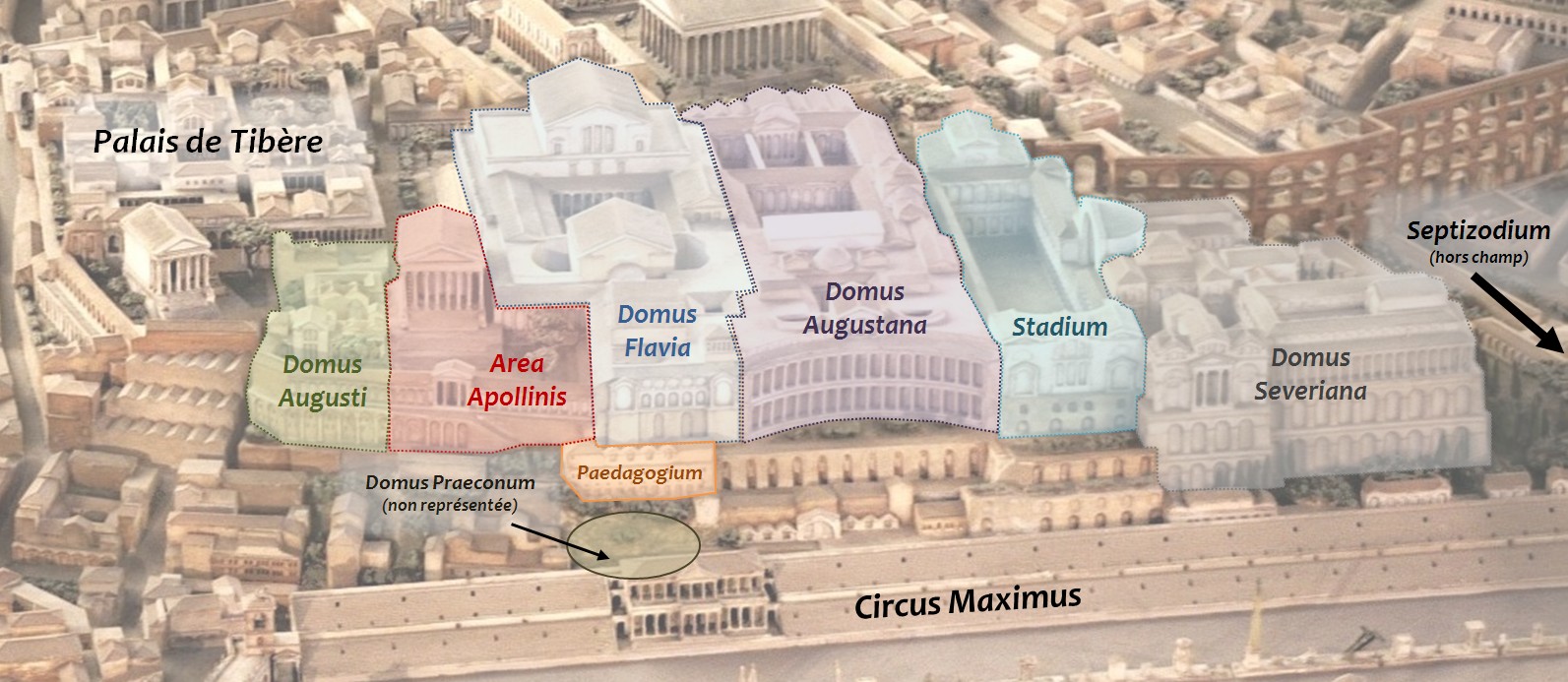 Palatin, localisation des différentes sections du palais impérial.