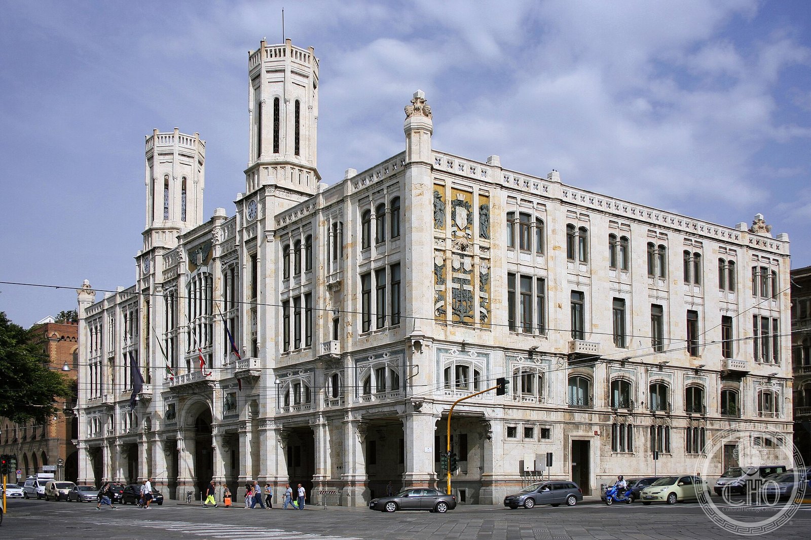 Palazzo Civico di Cagliari Liberty facade on Via Roma pale limestone pointed arches
