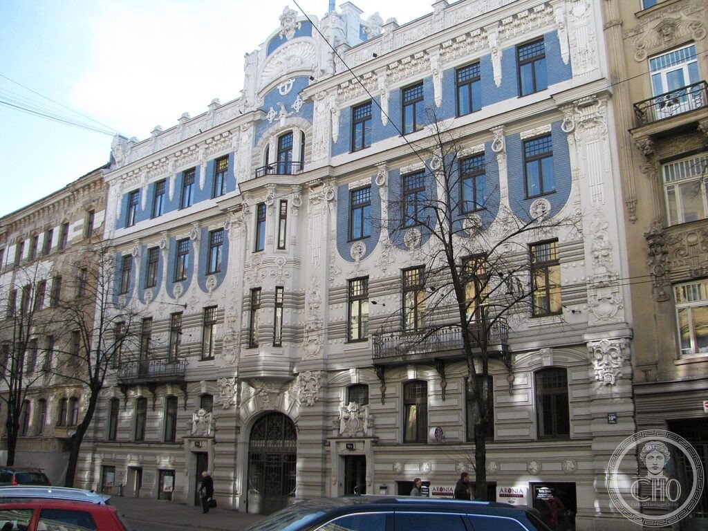 Elizabetes iela 10b Riga Eisenstein Art Nouveau blue white facade 1903