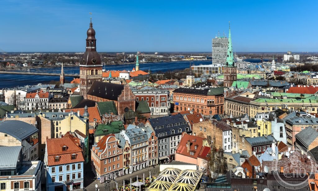 Riga Latvia old town panorama Daugava river spires Gothic medieval Hanseatic UNESCO World Heritage Art Nouveau capital Baltic cathedral Dome church