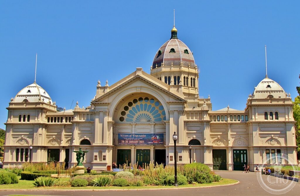 Royal Exhibition Building Melbourne dome and Lombardic Romanesque facade Carlton Gardens UNESCO World Heritage