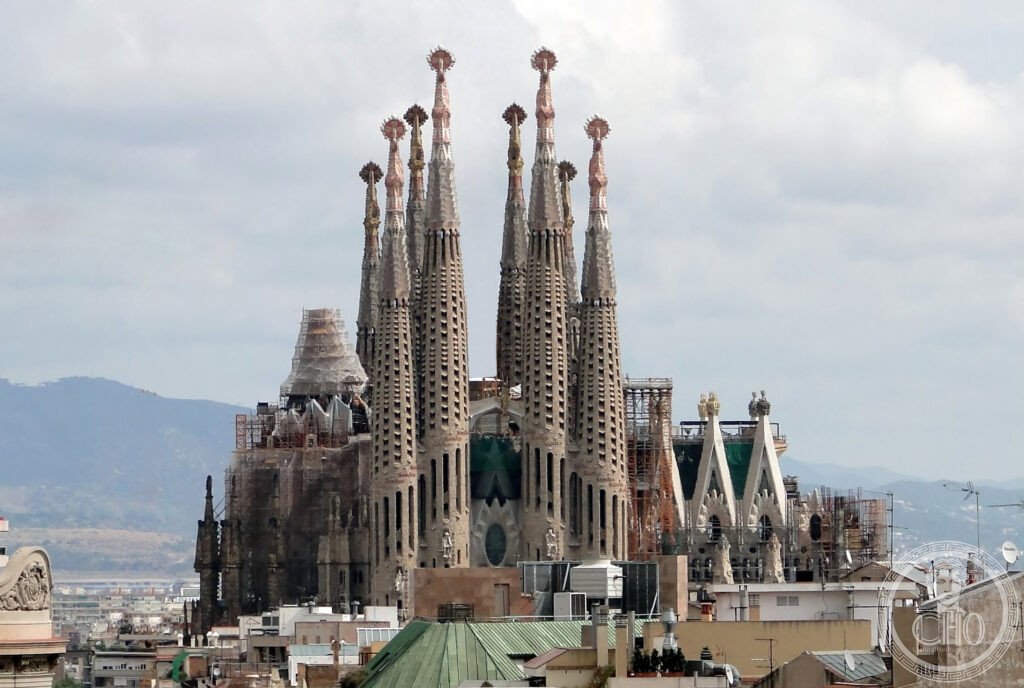 Sagrada Familia Nativity facade Gaudi towers Barcelona Spain UNESCO World Heritage site under construction