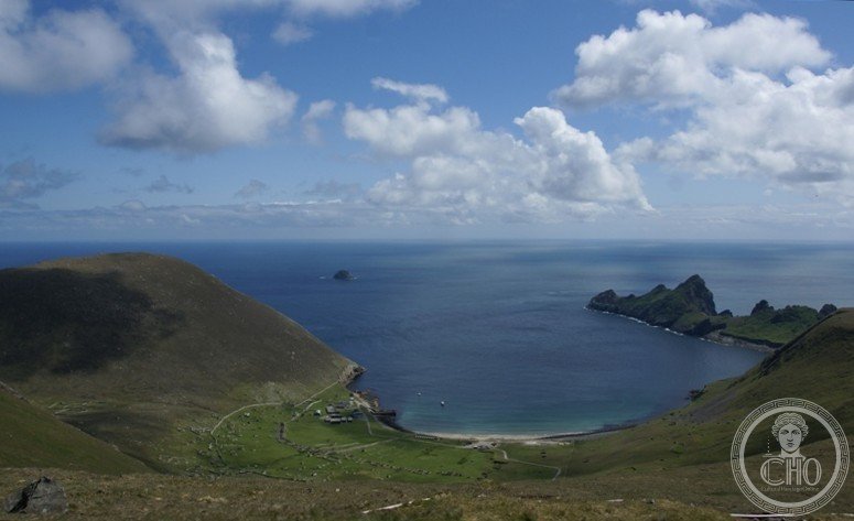Village Bay on Hirta island, St Kilda, Scotland — the crescent-shaped bay with the deserted village and dramatic sea cliffs where Britain's most remote community lived for 4,000 years before evacuation in 1930