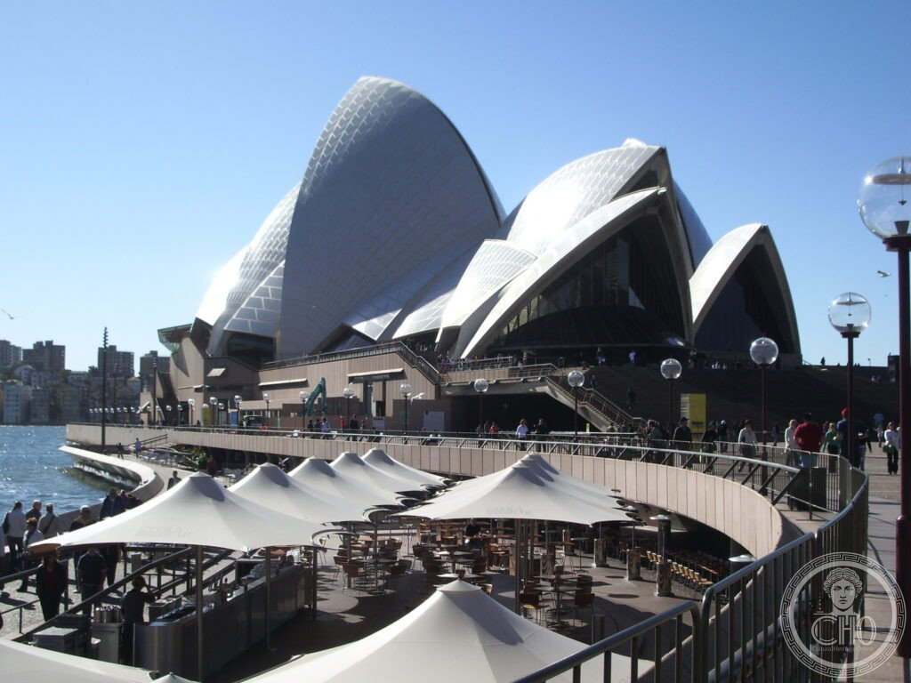 Sydney Opera House shell roofs Bennelong Point harbour bridge background UNESCO World Heritage