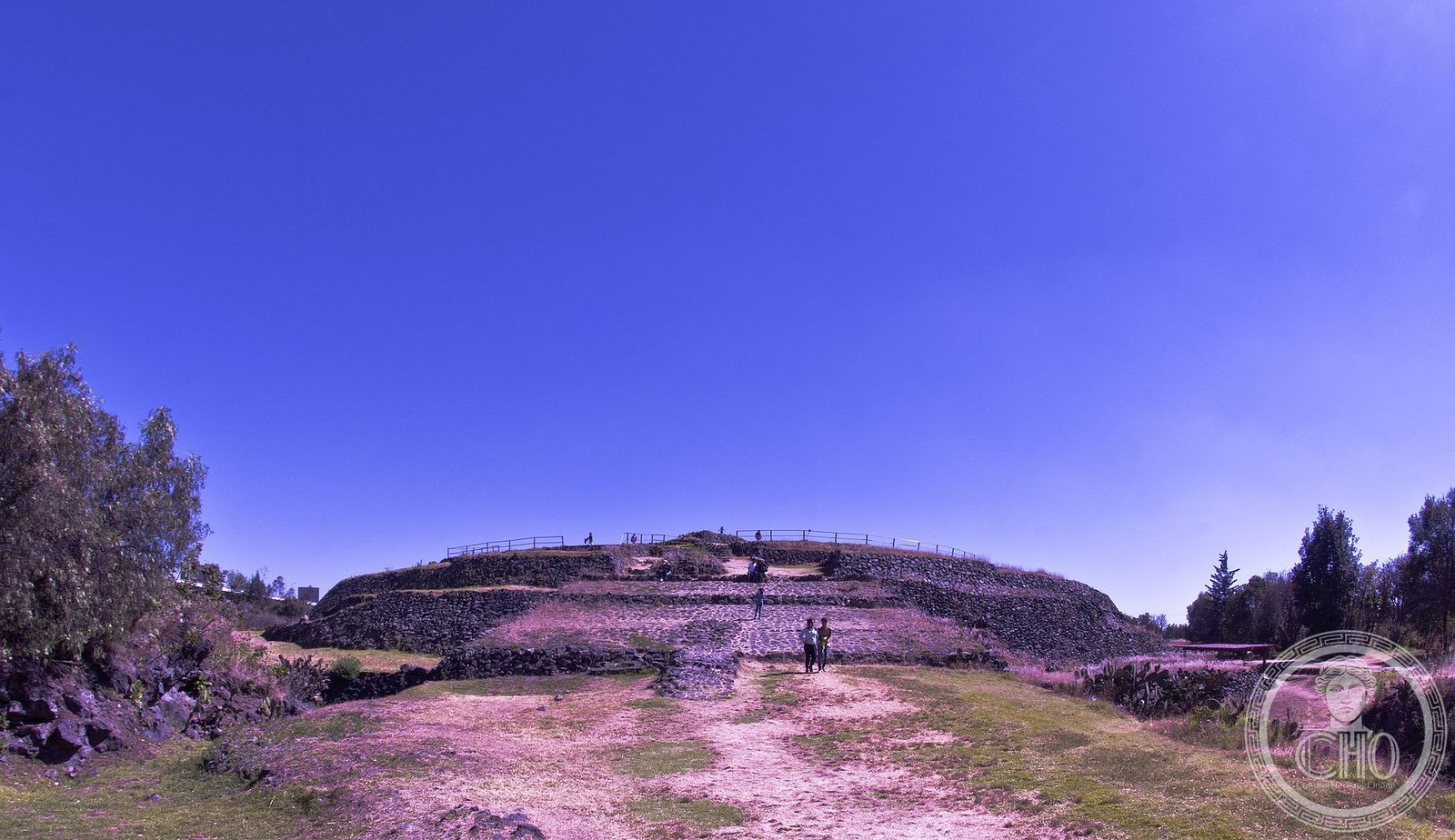 Circular pyramid at Cuicuilco, Mexico City, western side emerging from the Pedregal lava field