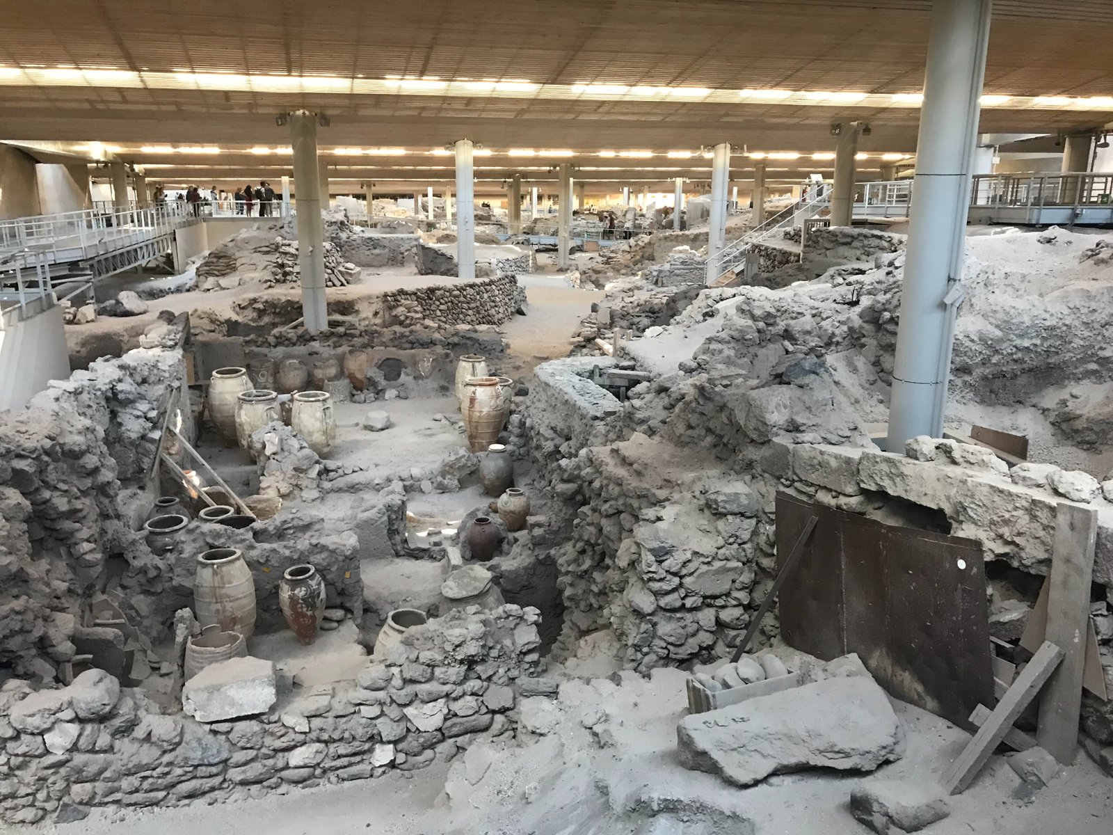 Excavated multi-storey Bronze Age buildings at the Akrotiri archaeological site on Santorini