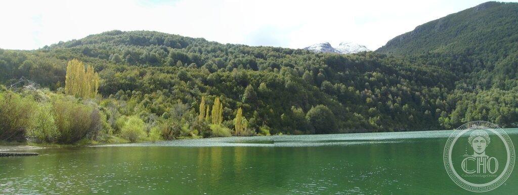 A green lake backed by forested hills and a distant snow-capped peak in Los Alerces National Park