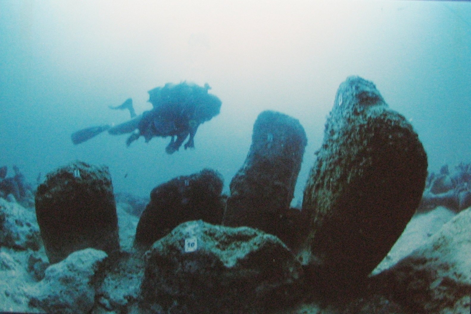 The Atlit Yam stone circle — seven megalithic blocks arranged in an oval on the seabed, the world's oldest known stone monument, c. 6900 BCE, off the Carmel Coast of Israel.