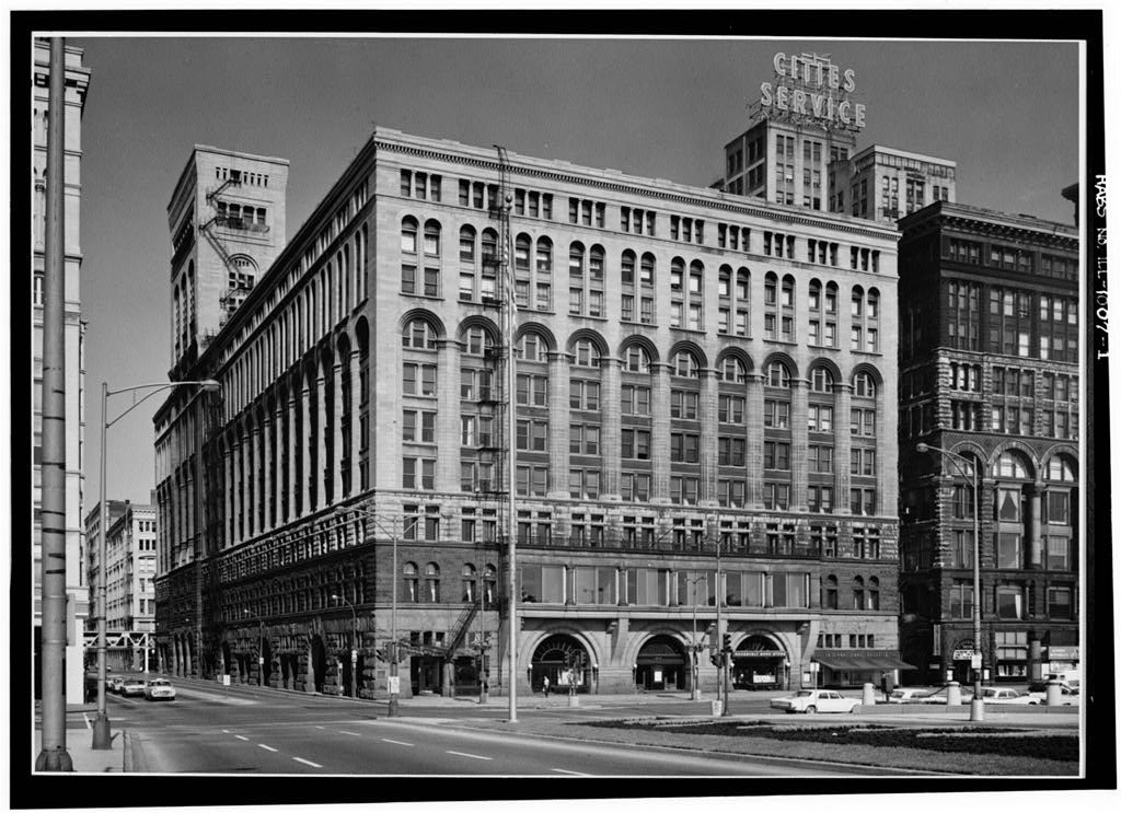 The Romanesque stone façade and tower of the Auditorium Building, Chicago The Romanesque stone façade and tower of the Auditorium Building, Chicago