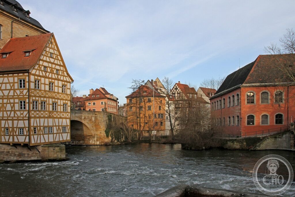 Half-timbered houses of the old town of Bamberg lining the Regnitz river