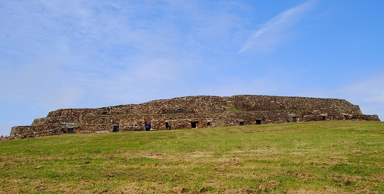 The megalithic cairn of Barnenez on a promontory above the Morlaix estuary, Brittany