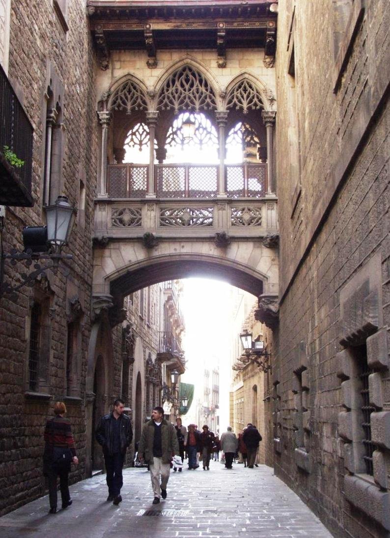 The neo-Gothic stone bridge over Carrer del Bisbe in the Gothic Quarter