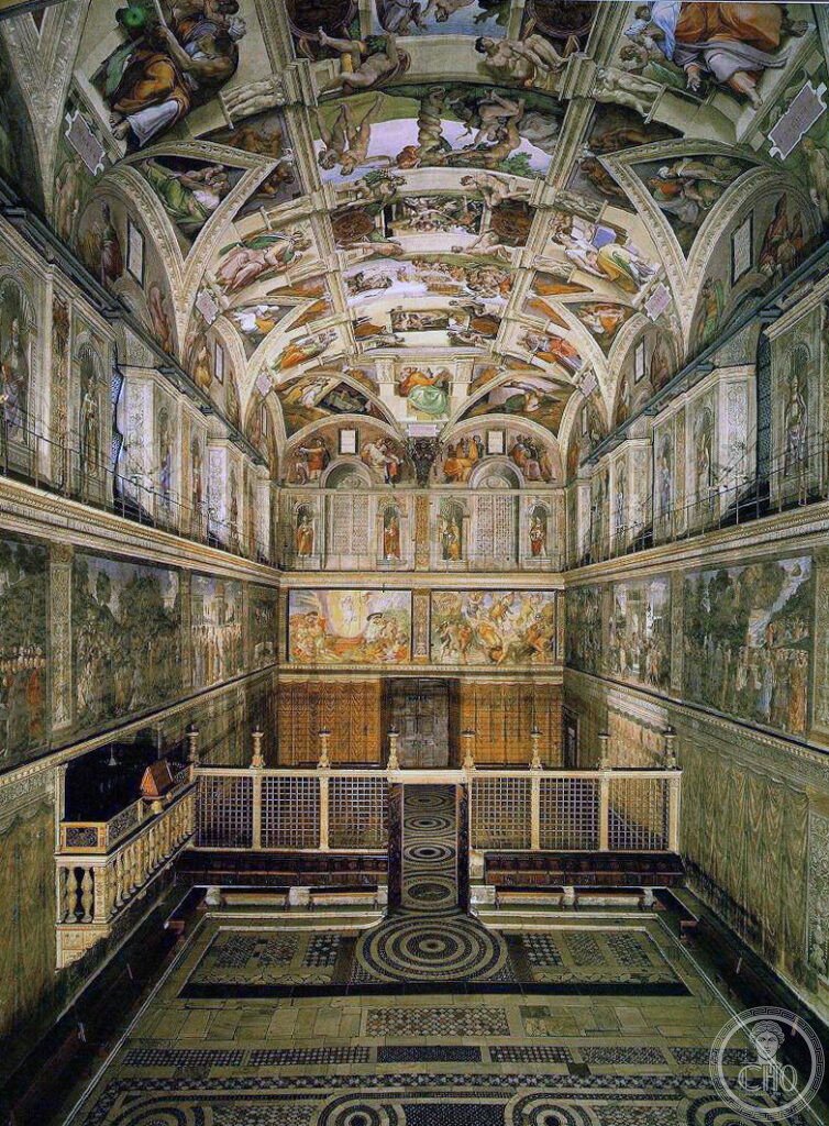 Cappella Sistina Vaticano interno Michelangelo 1508-1512 soffitto affreschi creazione Adamo Genesi volta UNESCO 1984