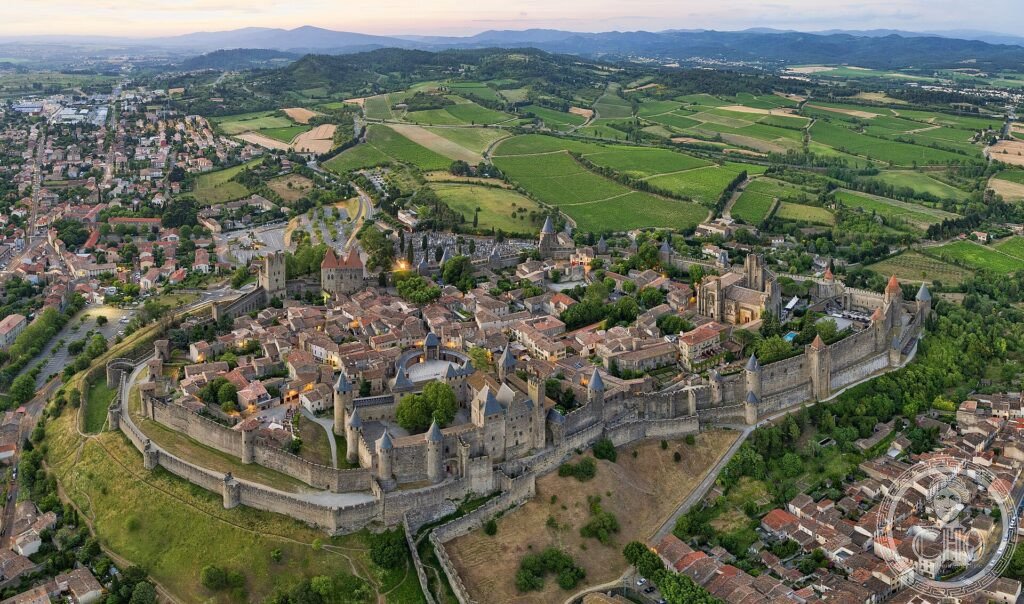 Veduta aerea della Cité fortificata di Carcassonne con la doppia cinta di mura e le 52 torri, Occitania, Francia