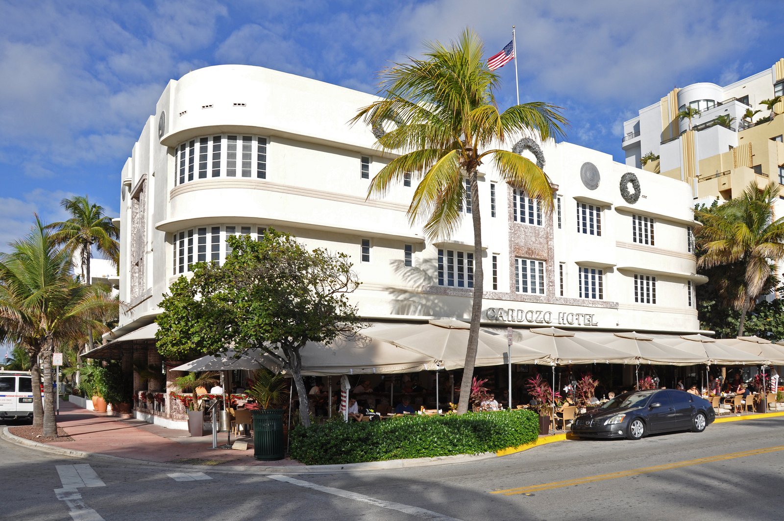 Cardozo Hotel facade, 1300 Ocean Drive, Miami Beach, yellow Art Deco streamline exterior