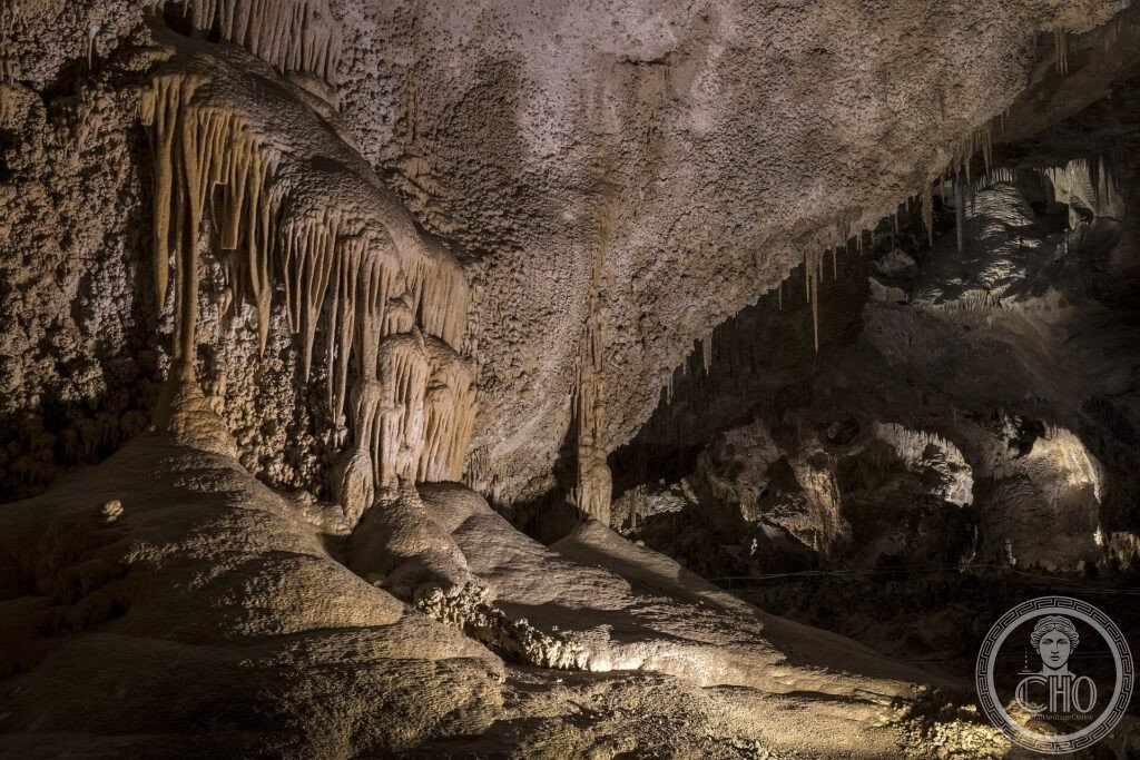 Stalactites and stalagmites in the vast underground Big Room of Carlsbad Caverns, New Mexico