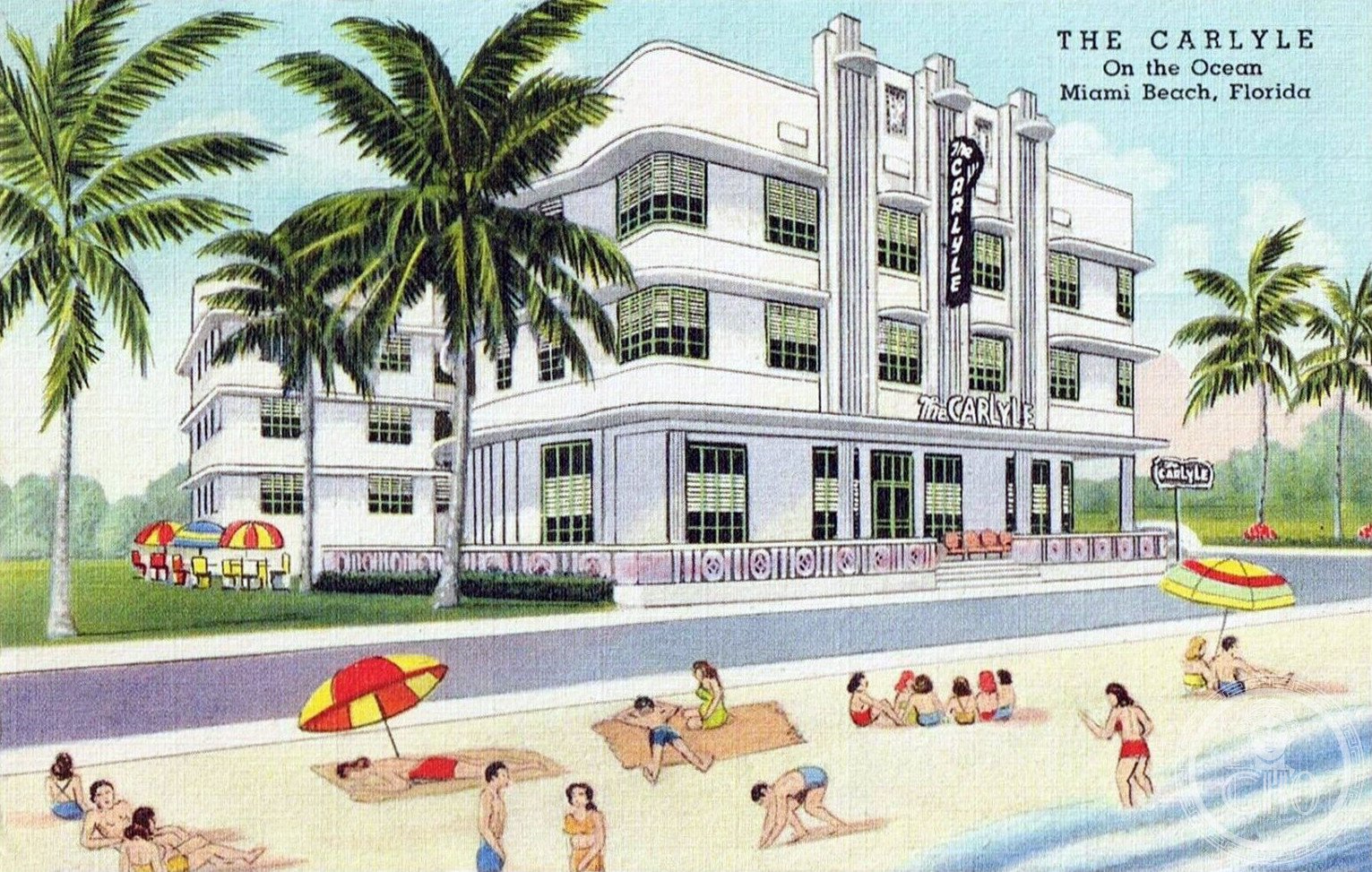 The Carlyle Hotel facade with curved terraces, 1250 Ocean Drive, Miami Beach, Art Deco