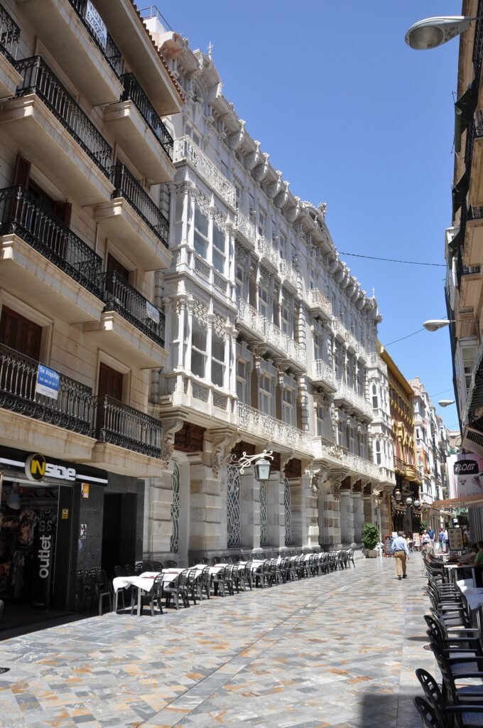 The carved-stone Modernista façade of Casa Cervantes on Calle Mayor, Cartagena The carved-stone Modernista façade of Casa Cervantes on Calle Mayor, Cartagena