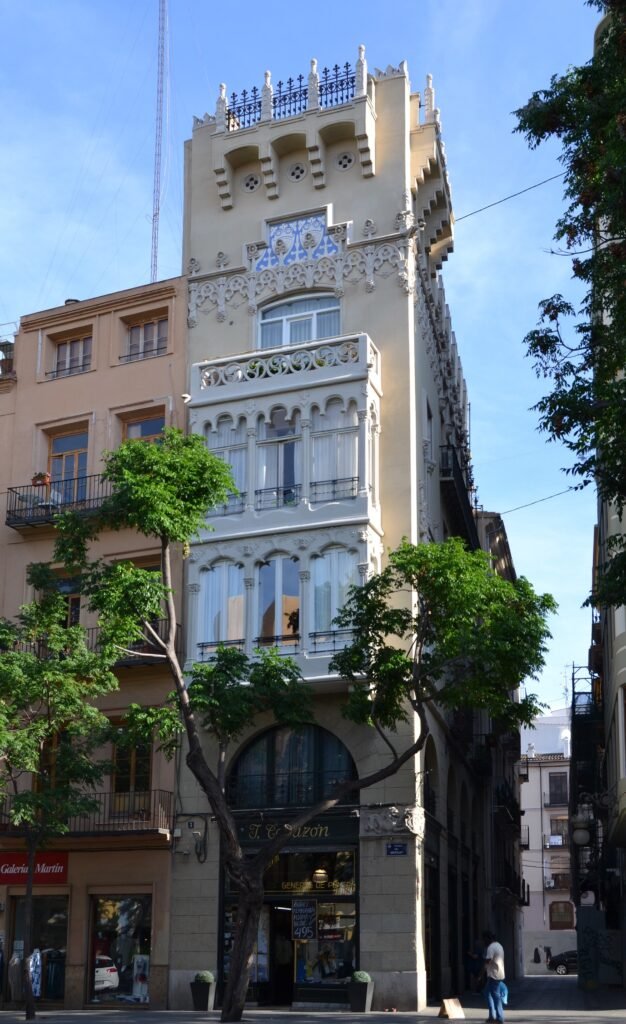 The corner Modernista façade of Casa Ordeig with neo-Gothic detail on the market square of Valencia The corner Modernista façade of Casa Ordeig with neo-Gothic detail on the market square of Valencia