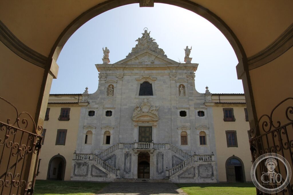 Certosa di Calci, complesso monastico certosino con chiostro e chiesa barocca, veduta aerea, Calci, Pisa, Toscana