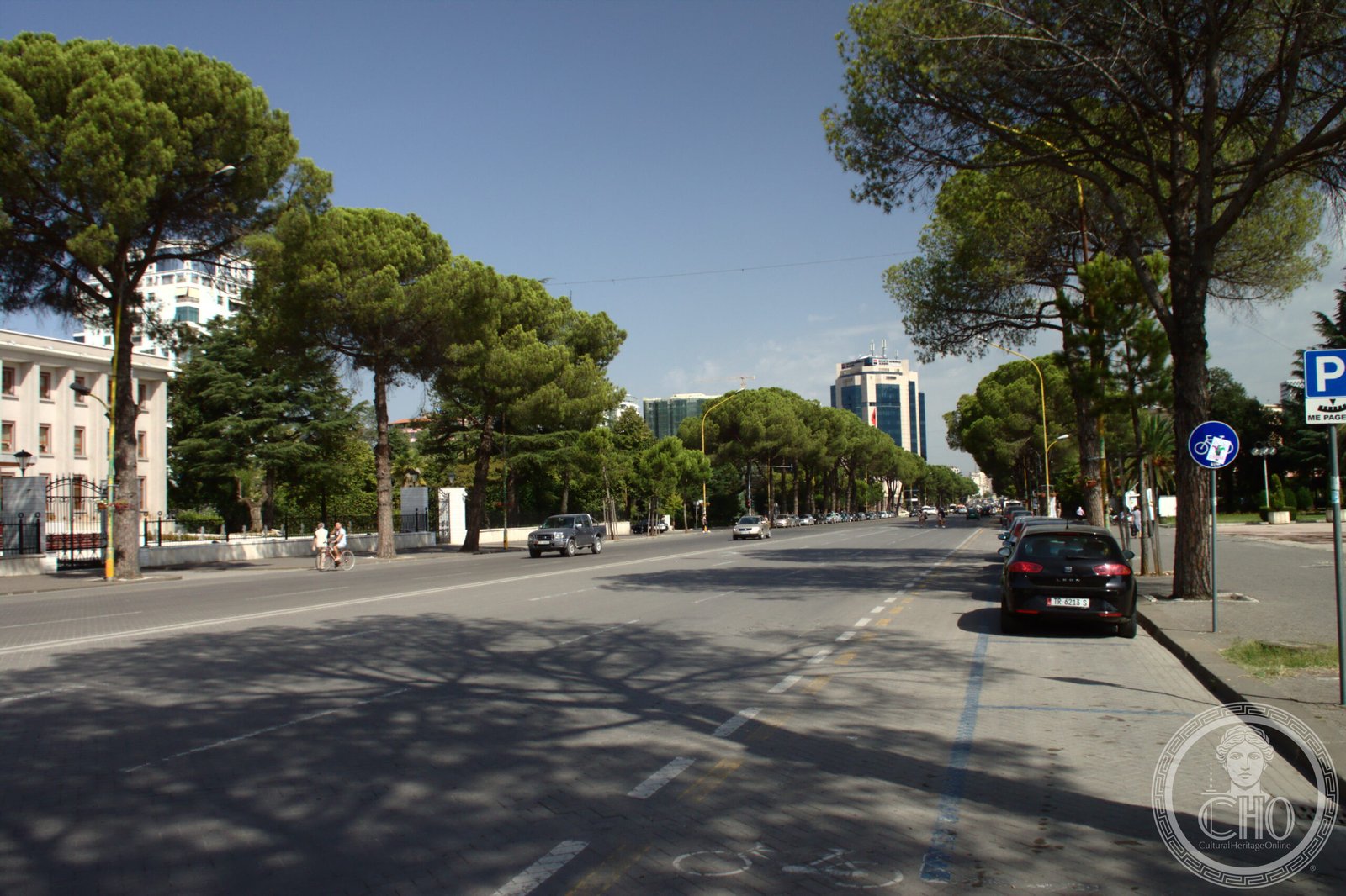 Deshmoret e Kombit Boulevard Tirana lined with Italian Rationalist government buildings and mature pine trees