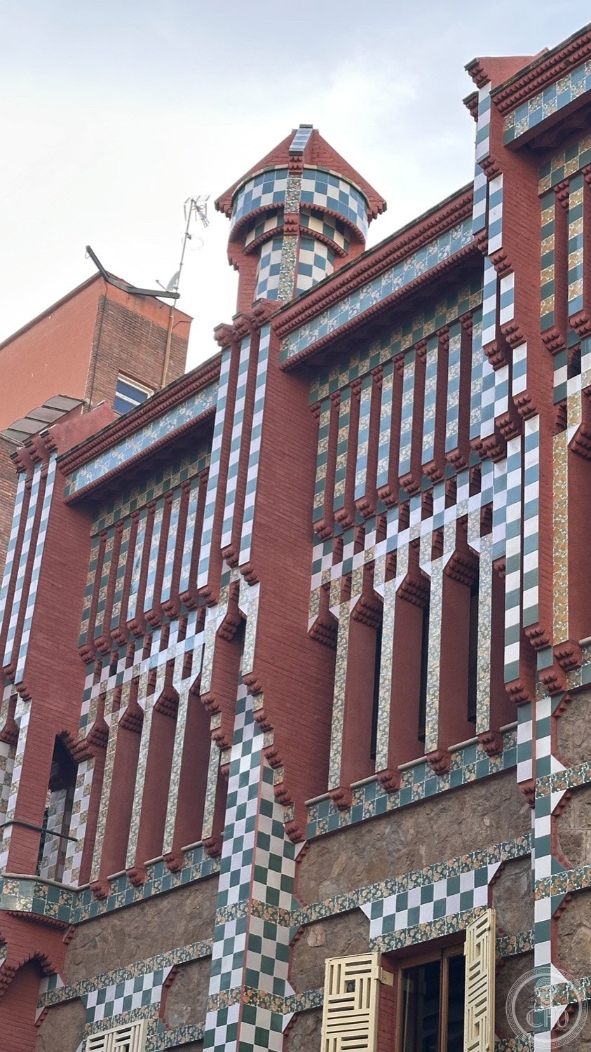 Casa Vicens — The galleried façade with its rhythm of tile and brick.