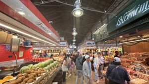 La Boqueria — The market aisles under the iron-and-glass roof.
