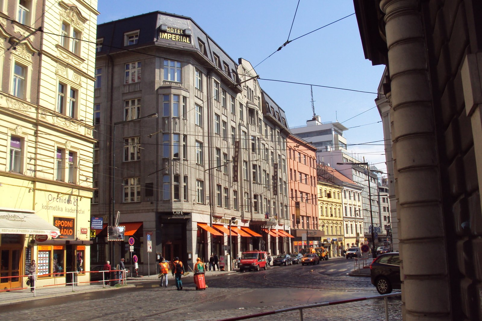 The Art Deco Imperial Hotel seen from Na Po&rcaron;&iacute;&ccaron;&iacute;, Prague