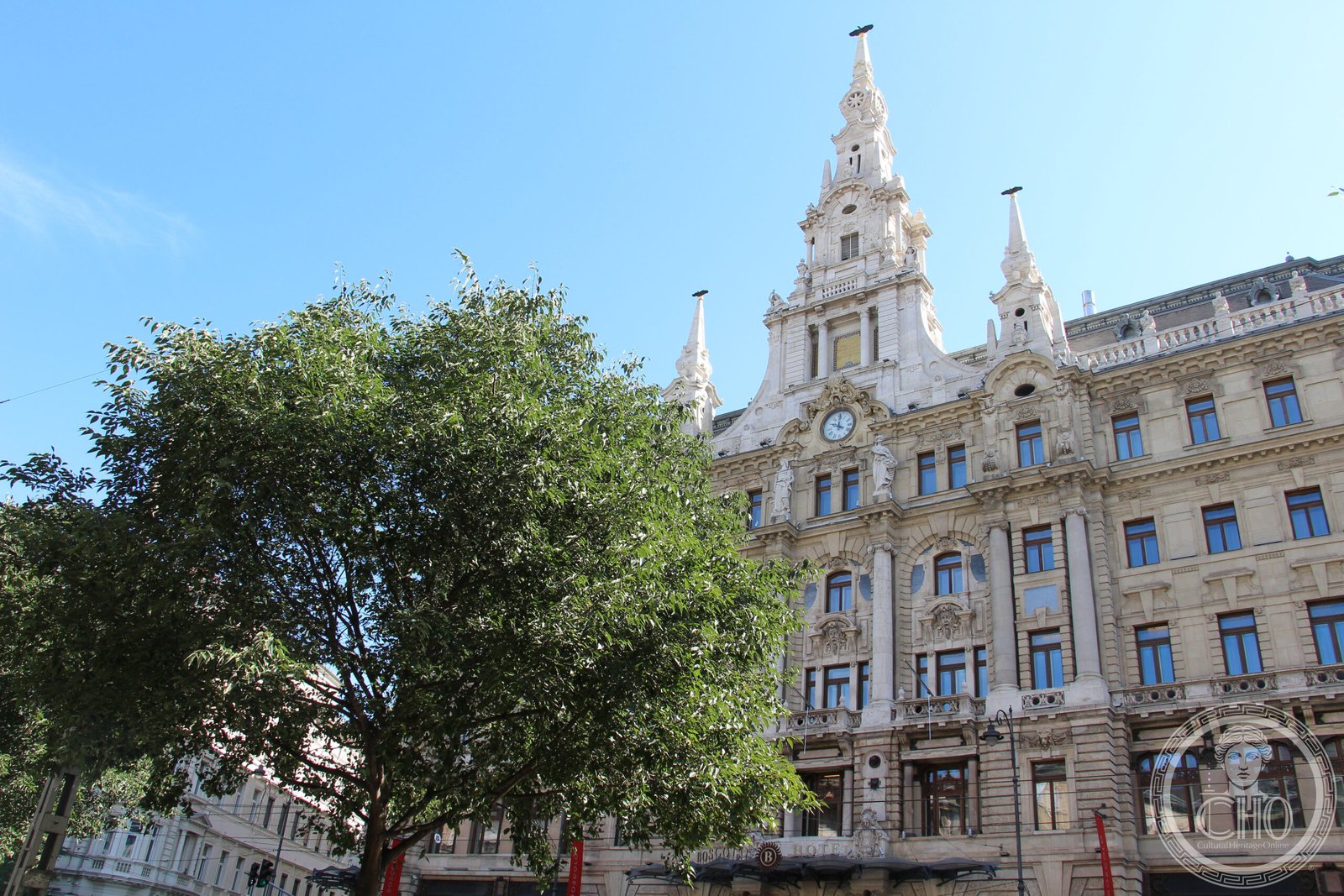 New York Palace Budapest exterior facade with eclectic detail and Art Nouveau ironwork