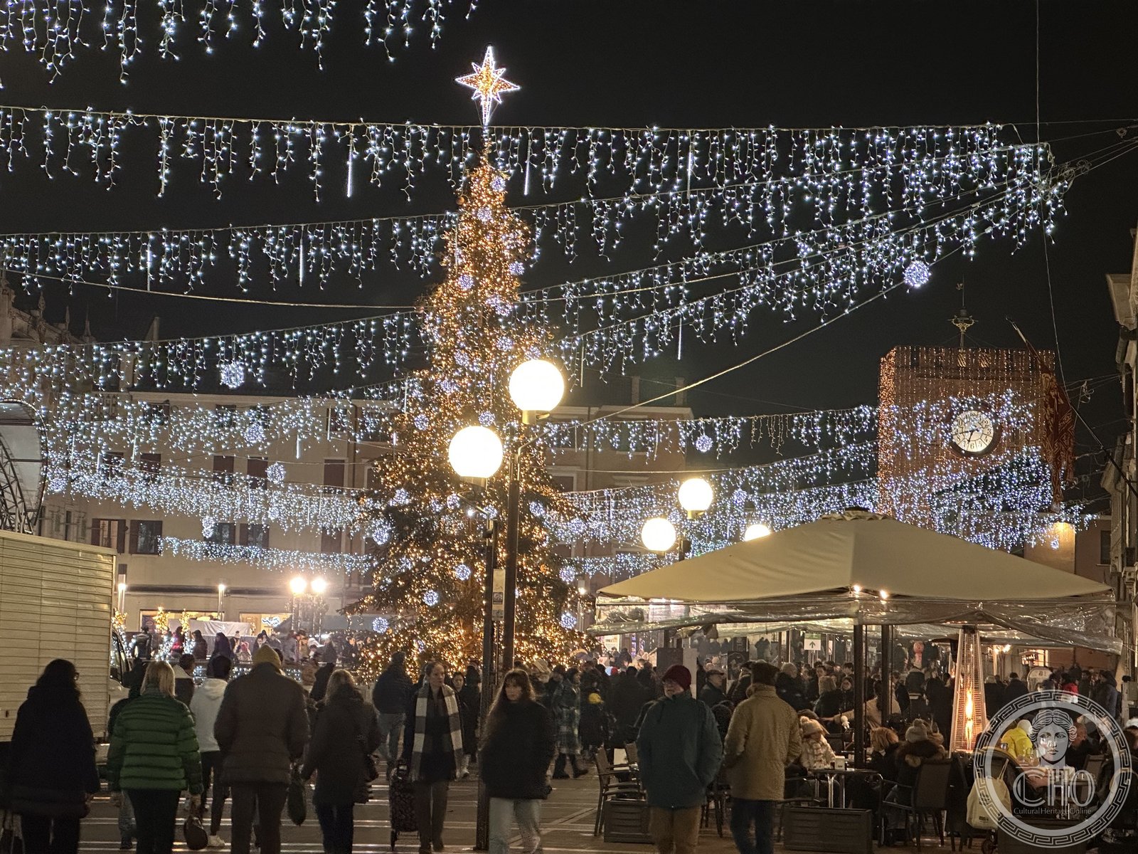 Piazza Ferretto Mestre at night — Christmas tree and historic clock tower