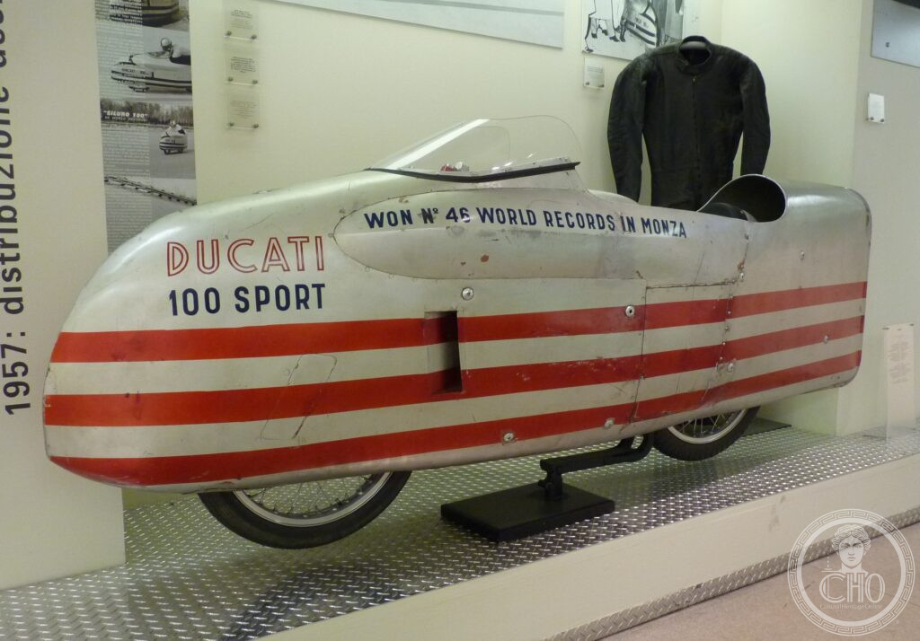 The streamlined Ducati 100 Sport record-breaker displayed in the Ducati Museum