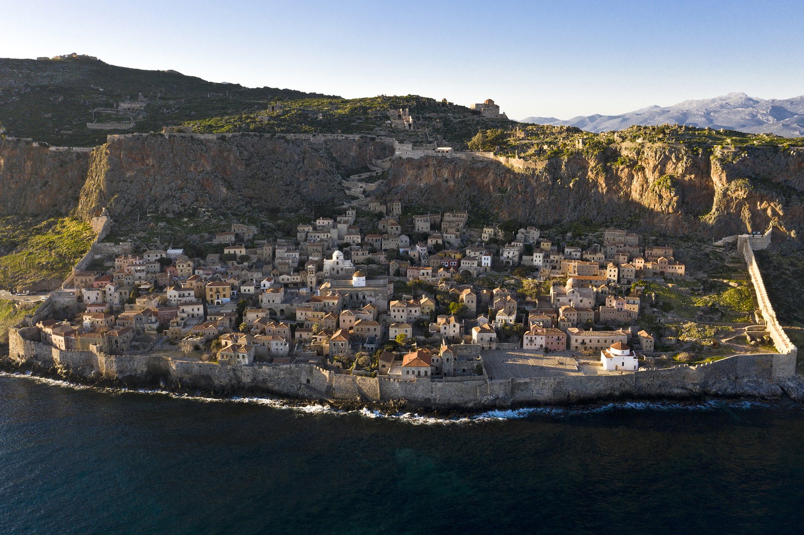 View of Monemvasia medieval town on its sea rock, Peloponnese, Greece