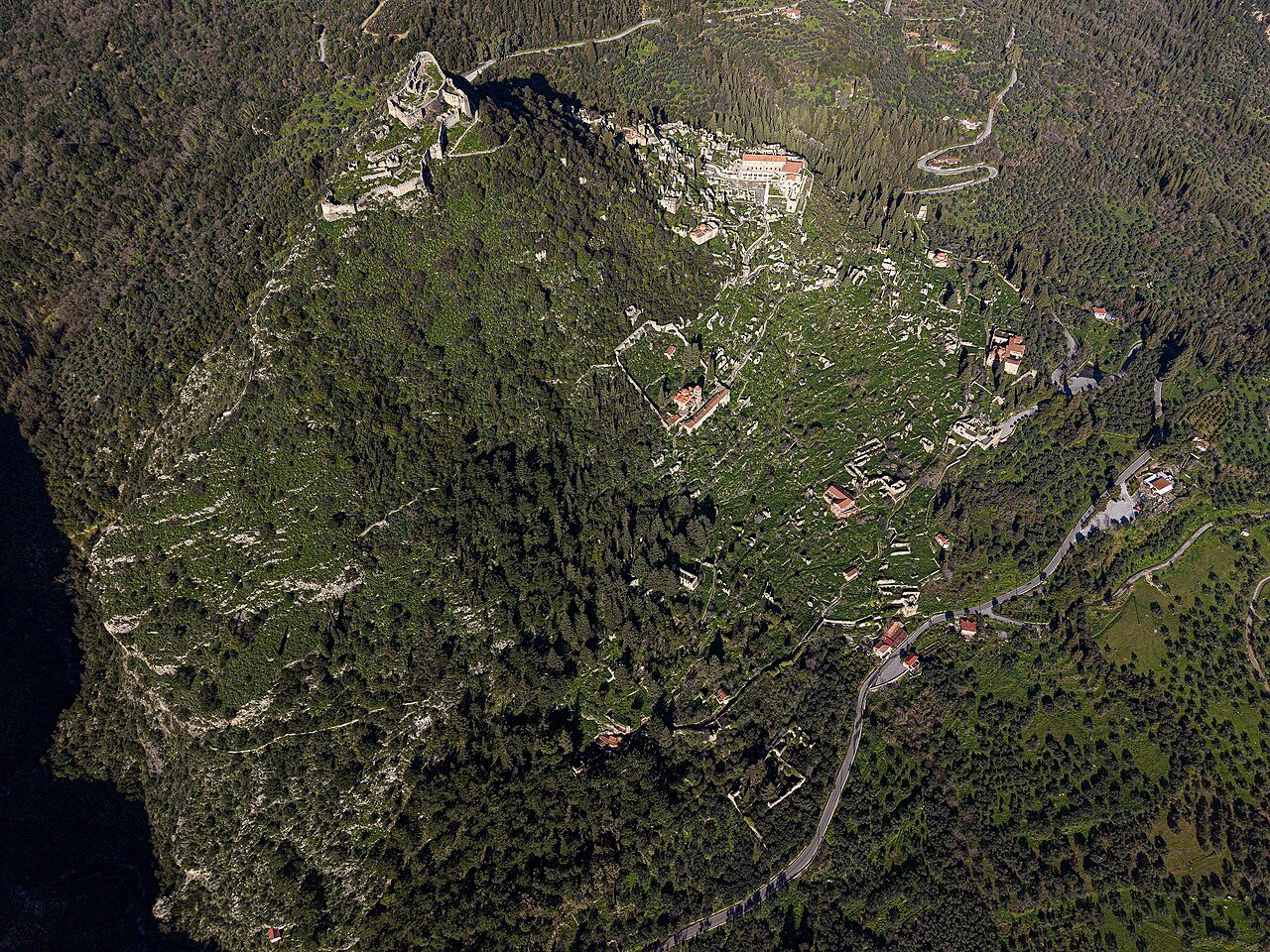 Panoramic view of the Byzantine ghost city of Mystras on the slopes of Mount Taygetos, Greece
