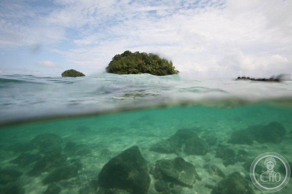 A small forested islet in clear turquoise water, seen half above and half below the surface, at Coiba