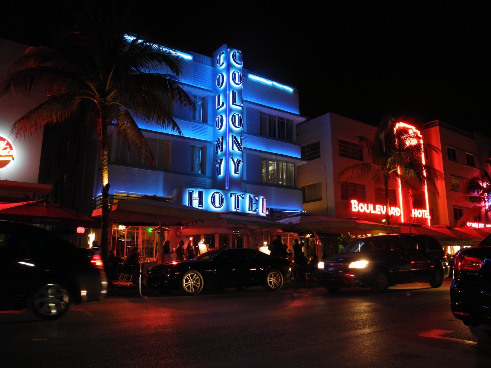 Colony Hotel facade with iconic blue neon sign, 736 Ocean Drive, Miami Beach