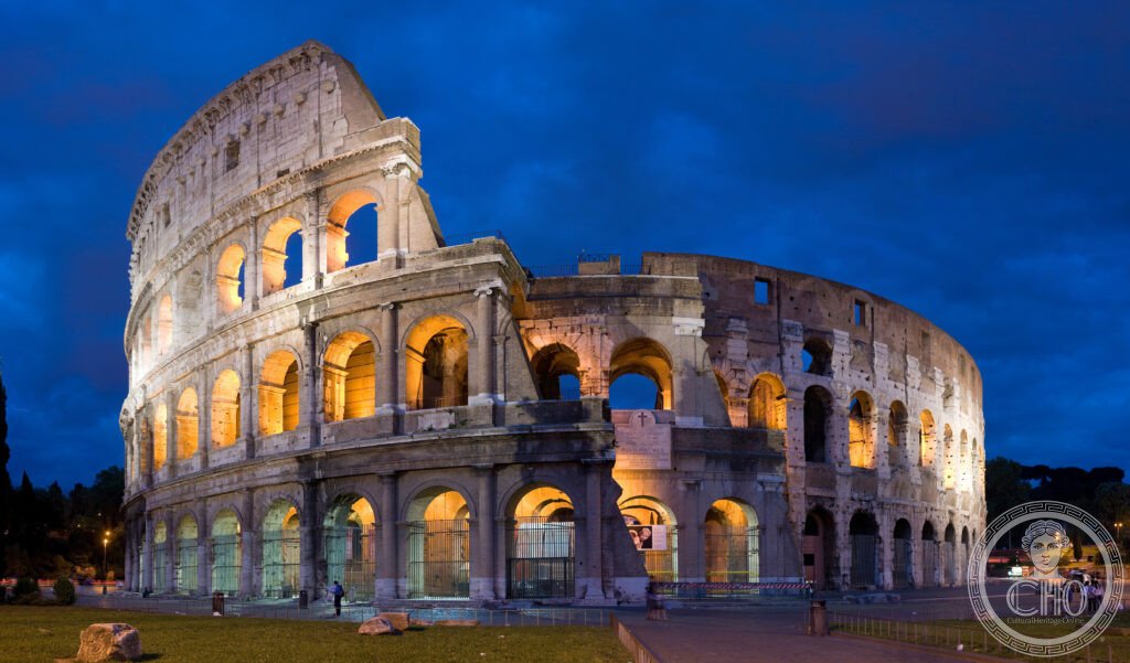 Colosseo Anfiteatro Flavio Roma 70-80 CE Vespasiano Tito gladiatori veduta esterna sera UNESCO 1980