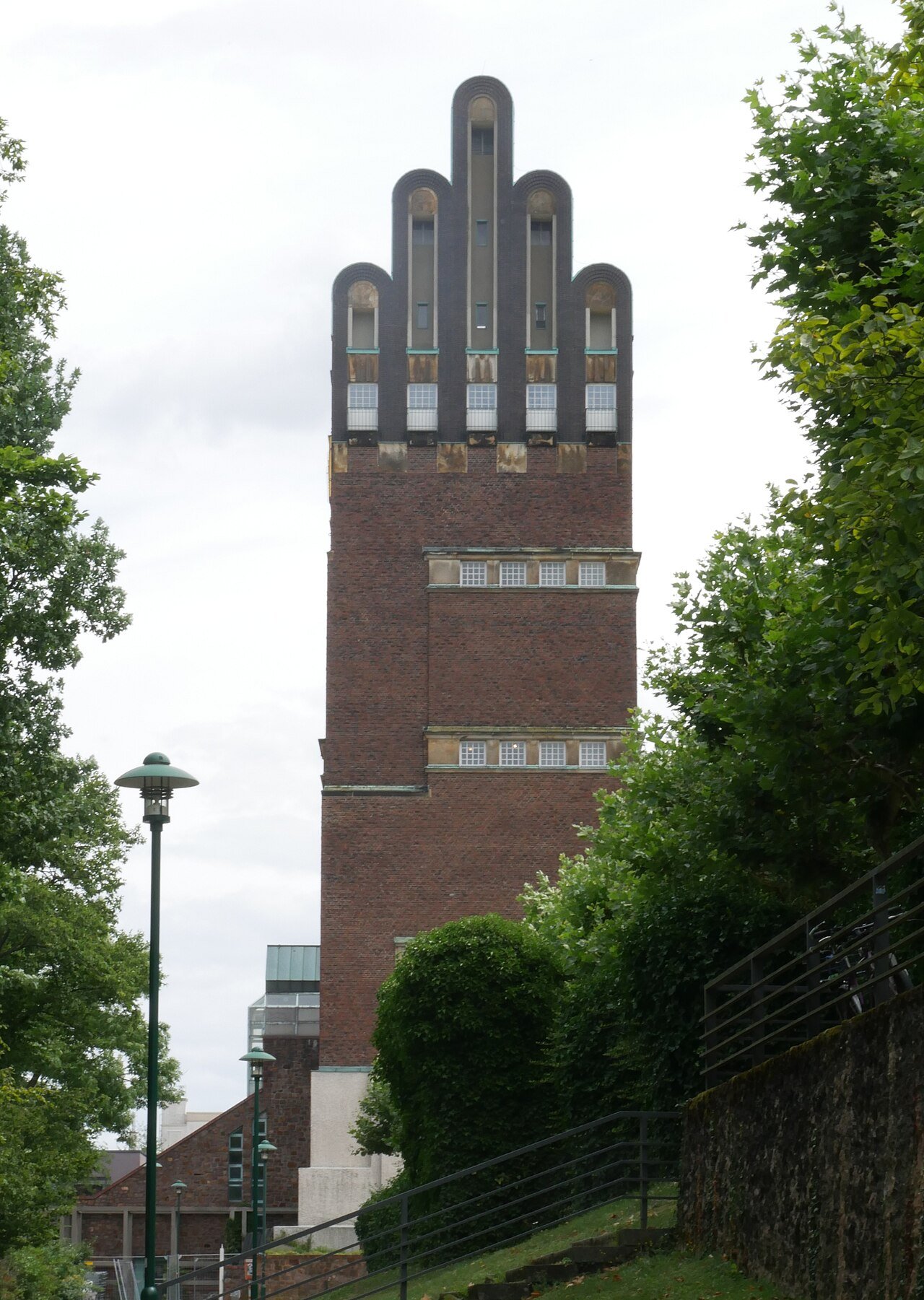 The Wedding Tower rising above the Mathildenhöhe artists' colony in Darmstadt at dusk