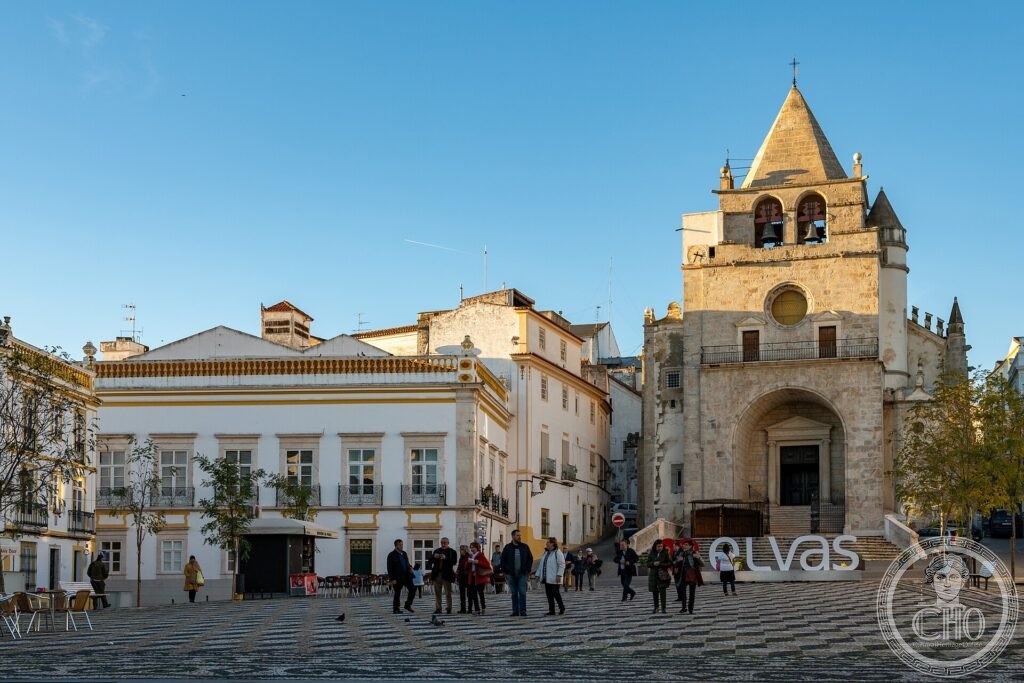 The old town of Elvas with its church and square inside the star-shaped fortifications