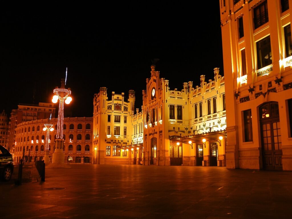 Ceramic Art Nouveau façade of the North Station, Valencia, at night Ceramic Art Nouveau façade of the North Station, Valencia, at night