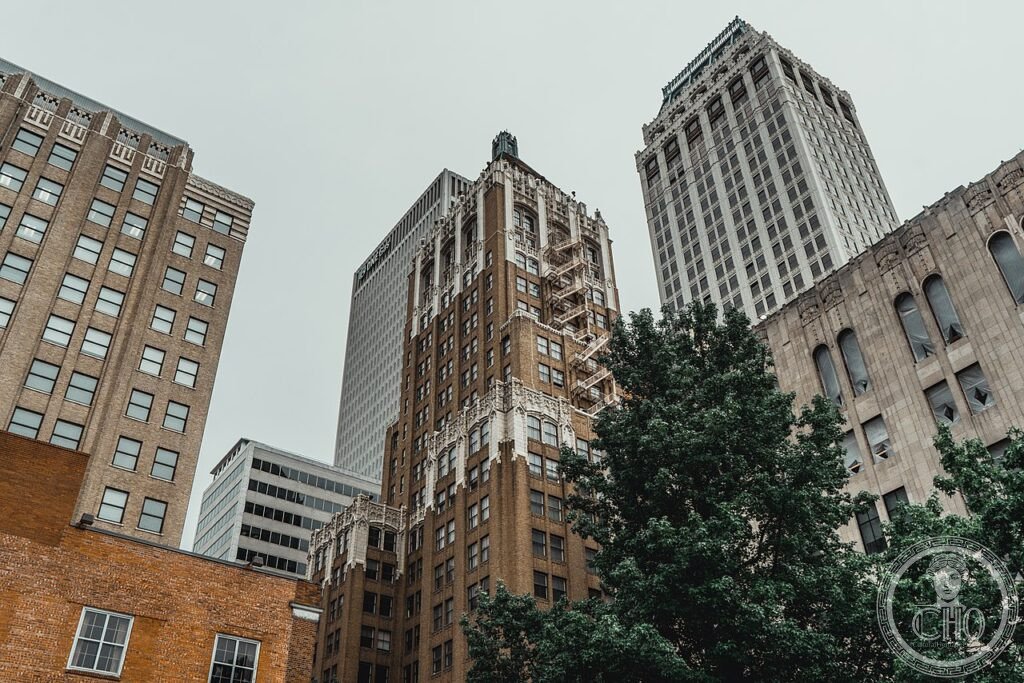 Centered in this photo is the Philtower Building in downtown Tulsa, Oklahoma.