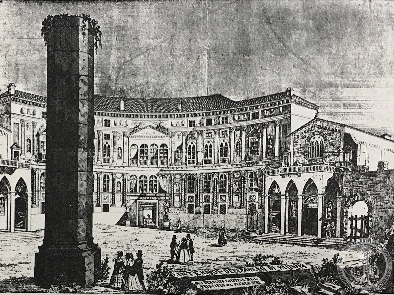 Engraving of Arena Chapel next to older palace