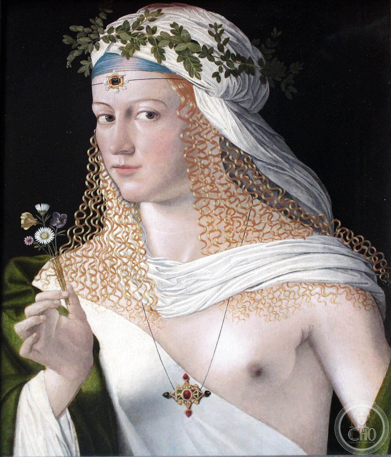 
Idealised Portrait of a Courtesan as Flora label QS:Lit,"Ritratto idealizzato di Flora. La dama forse è Lucrezia Borg