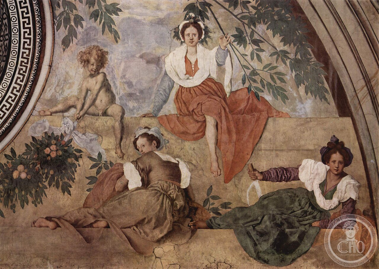 Jahreszeitenfresken in der Medici-Villa in Poggio a Cajano, rechter Teil der Lünette, Szene: Vertumnus und Pomona, Deta