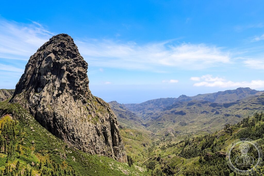 The Roque de Agando rock and the laurel forest of Garajonay National Park on La Gomera