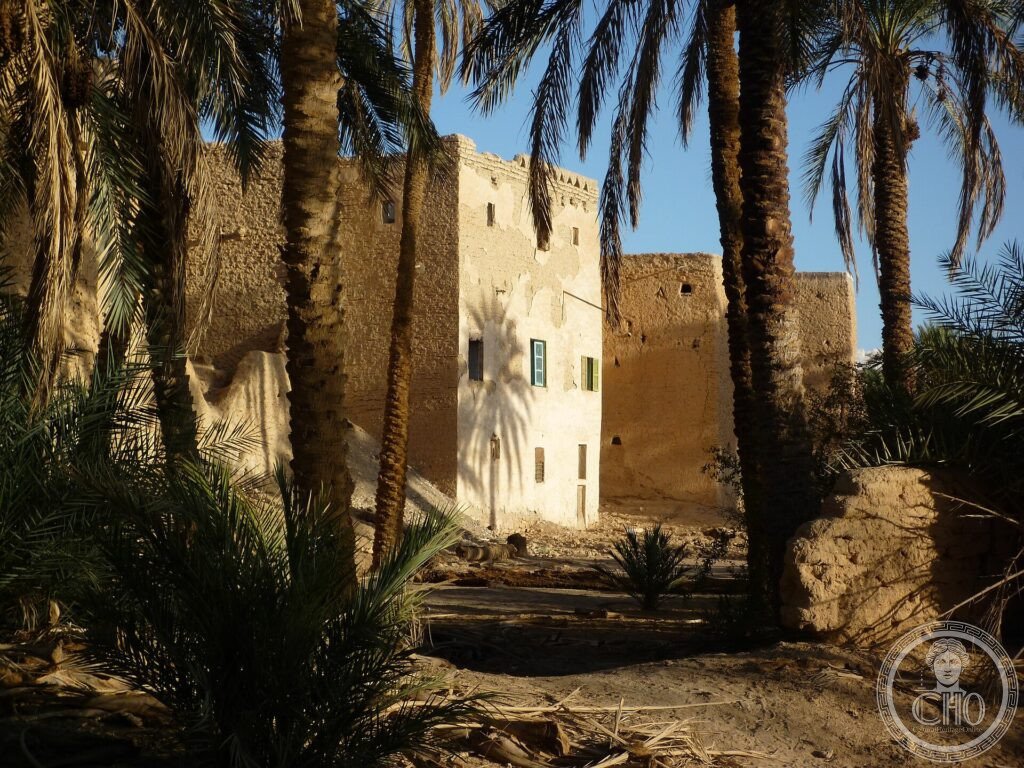 Tall mud-brick houses of the old town of Ghadames glimpsed through the palm trees of its oasis