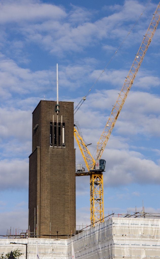 The brick modernist façade and clock tower of Hornsey Town Hall, Crouch End, London The brick modernist façade and clock tower of Hornsey Town Hall, Crouch End, London