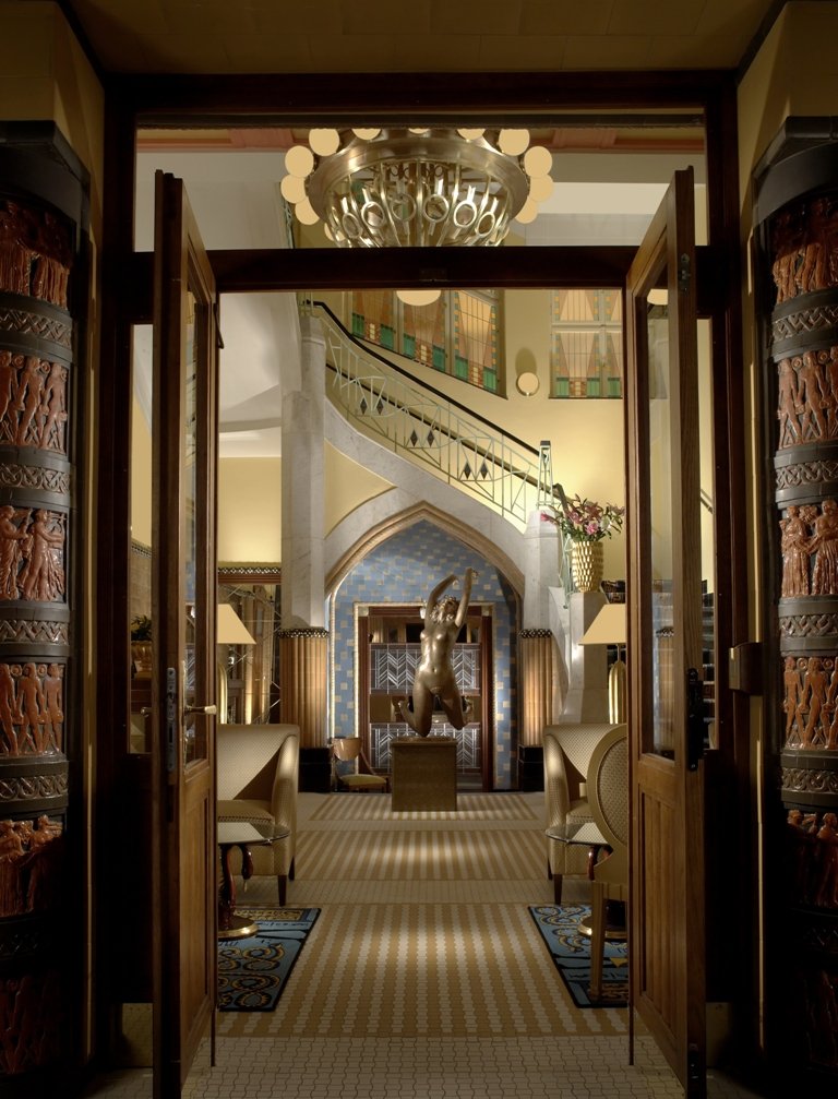 Sculpture at the entrance of the Art Deco Imperial Hotel, Prague
