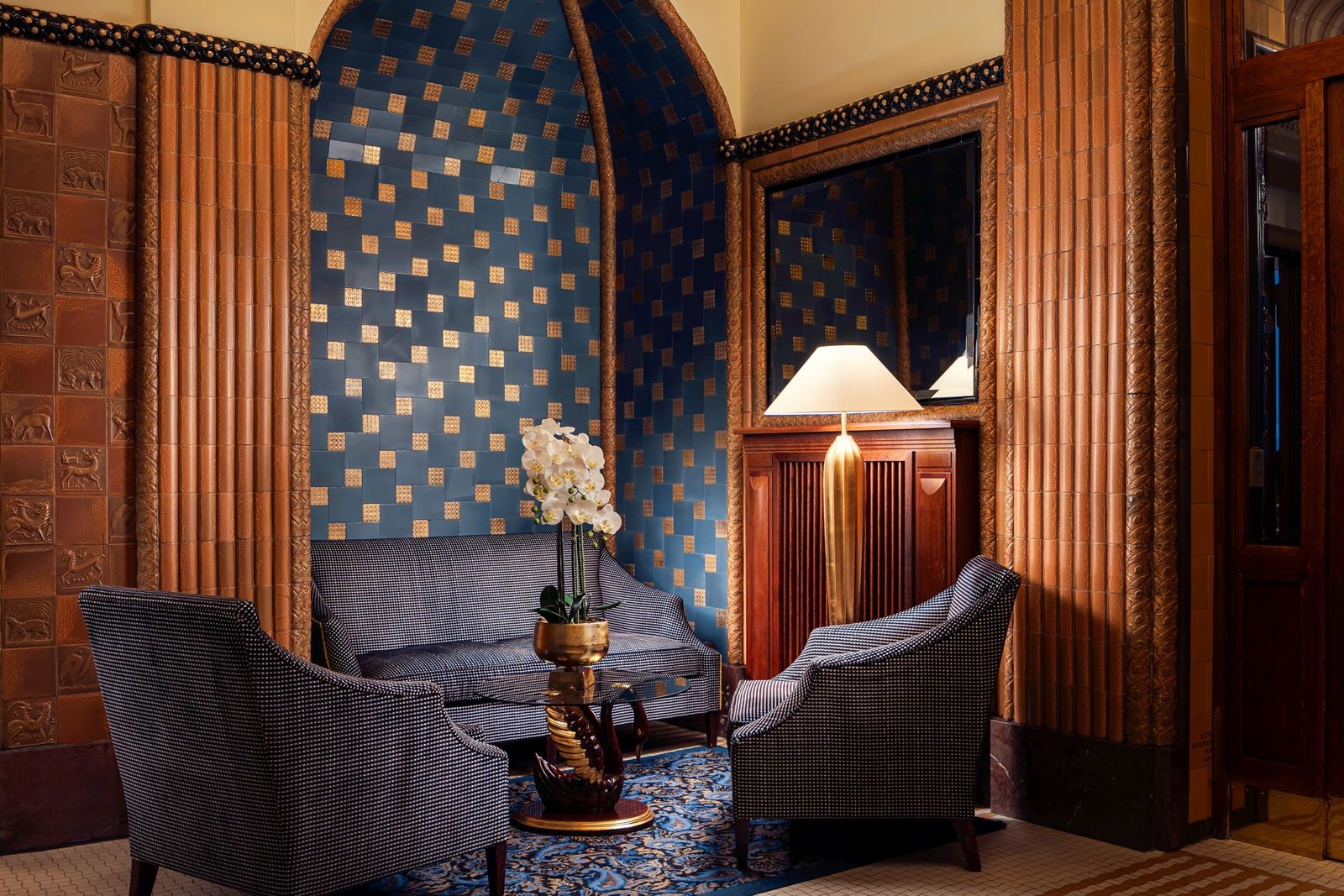 Ceramic-lined seating alcove in the lobby of the Art Deco Imperial Hotel, Prague